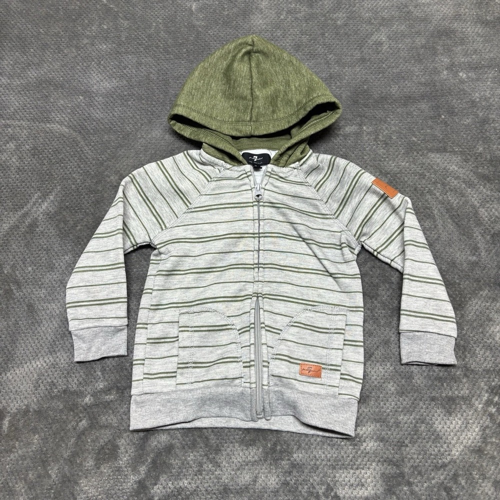 7 For All Mankind Full Zip‎ Hoodie Toddler 3T Green Grey Stripe Logo Patch